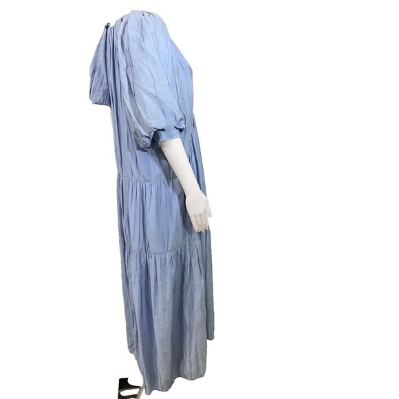 FRAME Shirred  V-Neck Puff Sleeves Midi Dress women’s S Blue part lined Tiered* - Picture 2 of 12